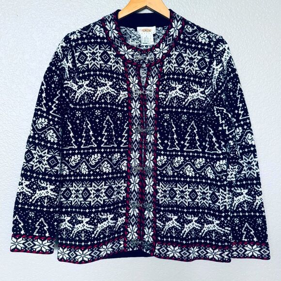 Talbots Nordic Icelandic Fair Isle Reindeer Snowflake Cardigan Sweater S - Picture 1 of 6